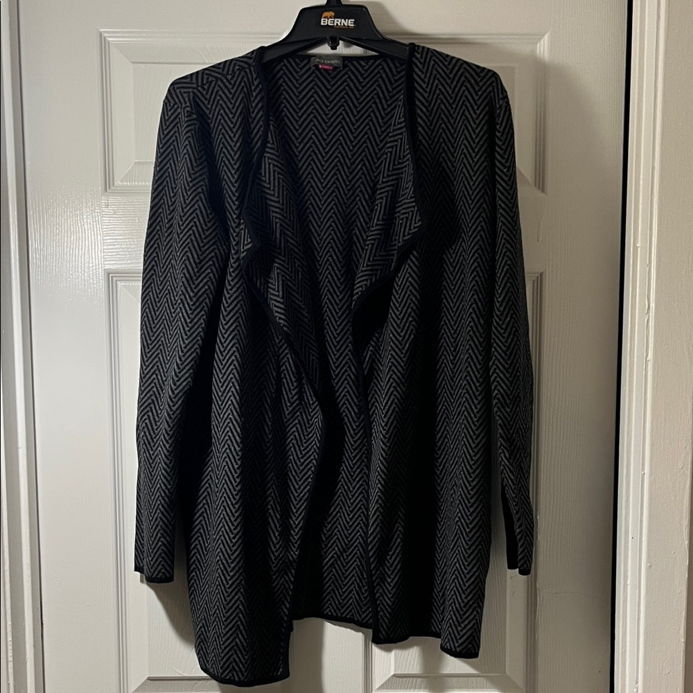 Vince Camuto Womens Grey Black Chevron Zig Zag Open Front Cardigan Sweater L
